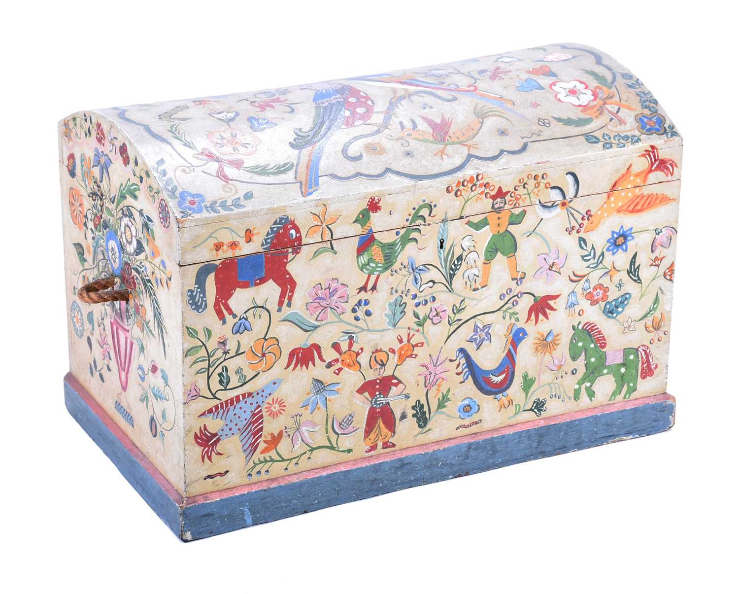 A Victorian hand painted pine toy chest, with domed top, rope carrying handles and painted with