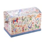A Victorian hand painted pine toy chest, with domed top, rope carrying handles and painted with