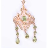 An Edwardian split seed pearl and peridot chandelier pendantset with a mixed octagonal-cut