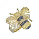 Frost of London. An 18ct yellow gold Bee ring, set with white & black diamonds weighing 0.58 carats,