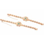 A fine pair of mid to late Victorian yellow gold, diamond, and emerald braceletseach with a