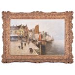 Continental School, 20th century, depicting fishing boats in a Dutch quayside, illegible signed, oil