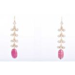 A pair of yellow gold, diamond, and ruby drop pendant earringsthe ornate mounts set with mixed old-