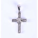 An 18ct white gold and diamond cross-shaped pendant, with crossed ribbon motif to centred, calibre-