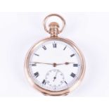 A 9ct yellow gold open-faced pocket watchwith white enamel Roman numeral dial, inside dust cover