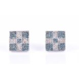 A pair of 14ct white gold, blue and white diamond earringsof squared form with chequered design, the