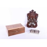 A Victorian walnut writing box, with fitted interior, together with an oak spoon rack and pewter