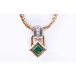 An 18ct yellow gold, diamond, and emerald pendantset with a square-cut emerald in a diamond-shaped