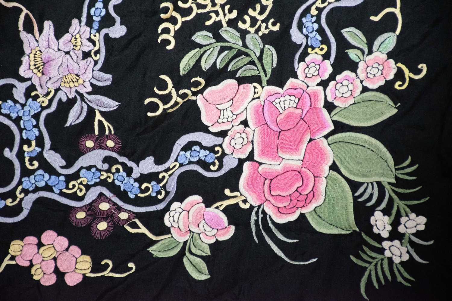 A black silk manton de Manila shawl, embroidered with roses and other floral decoration, with - Image 3 of 3