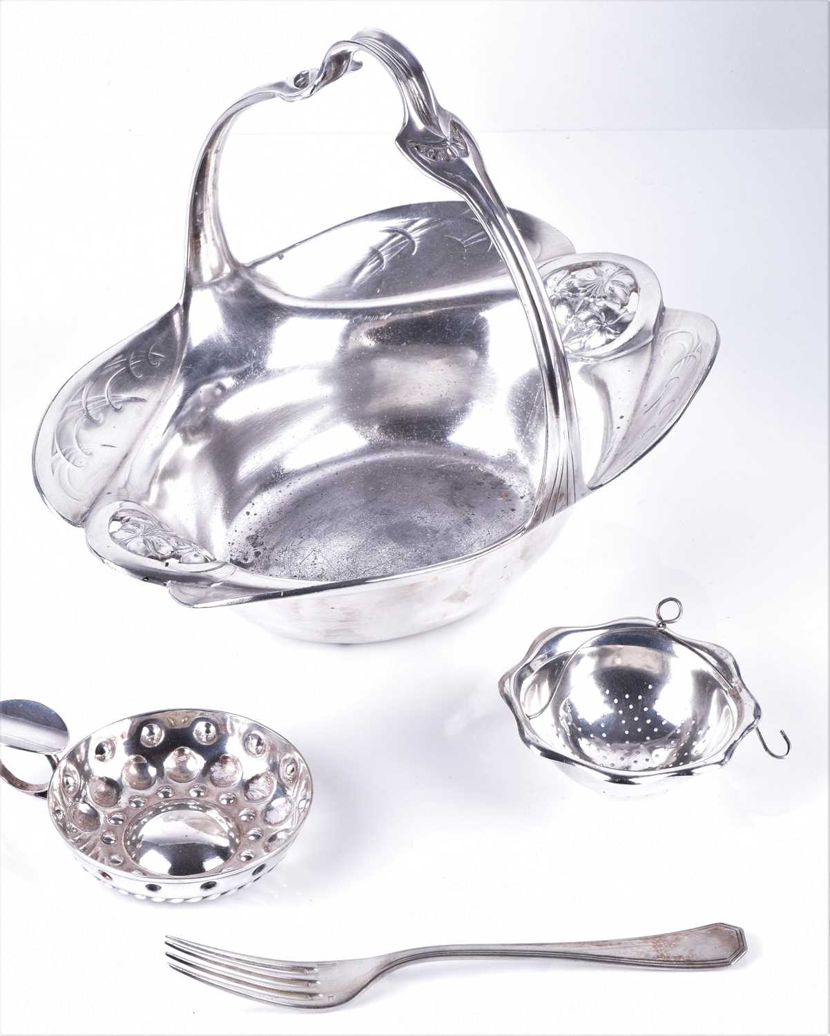 A Christofle silver plated Art Nouveau style basket together with a silver plated tasse-a-vin, a