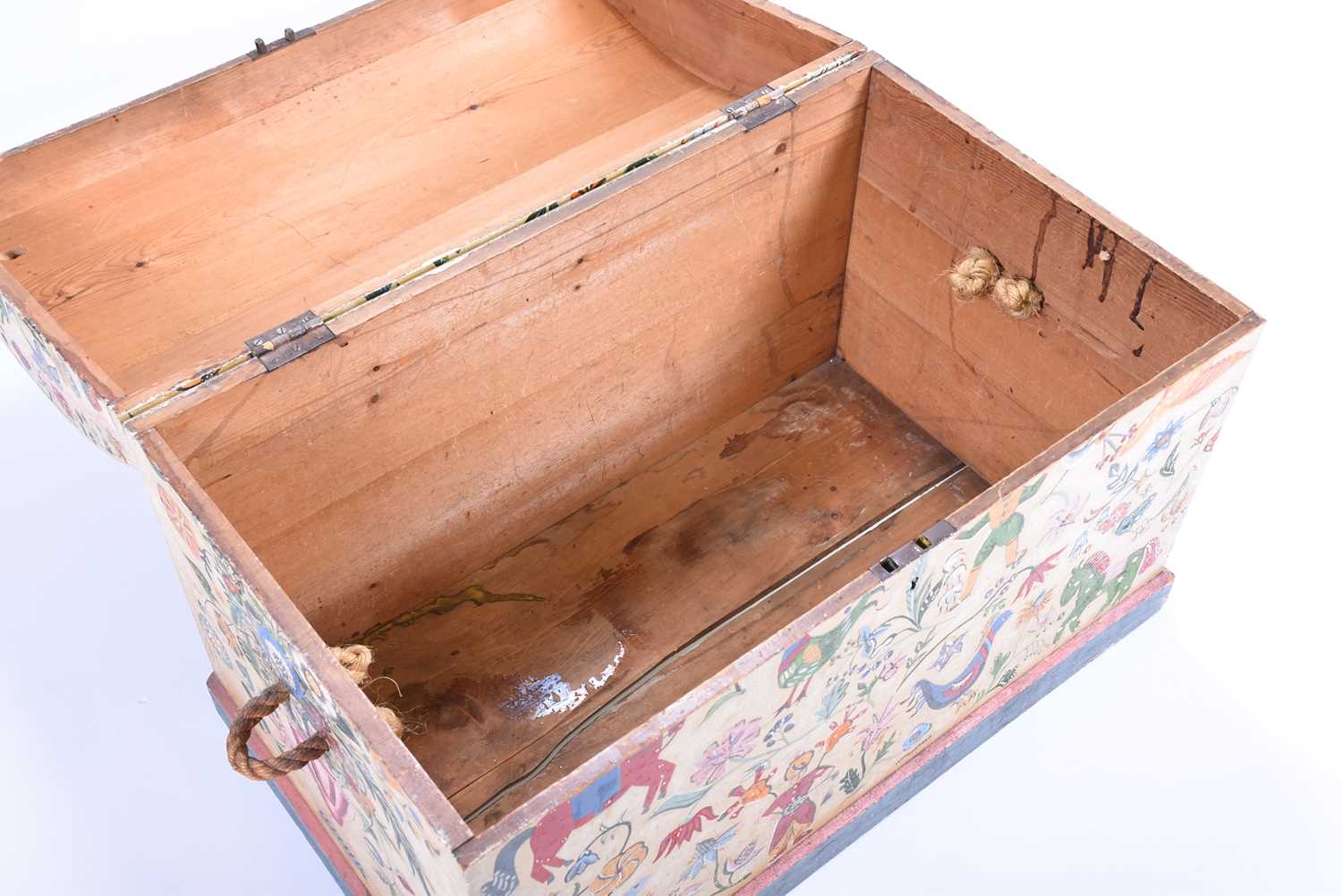 A Victorian hand painted pine toy chest, with domed top, rope carrying handles and painted with - Image 8 of 13