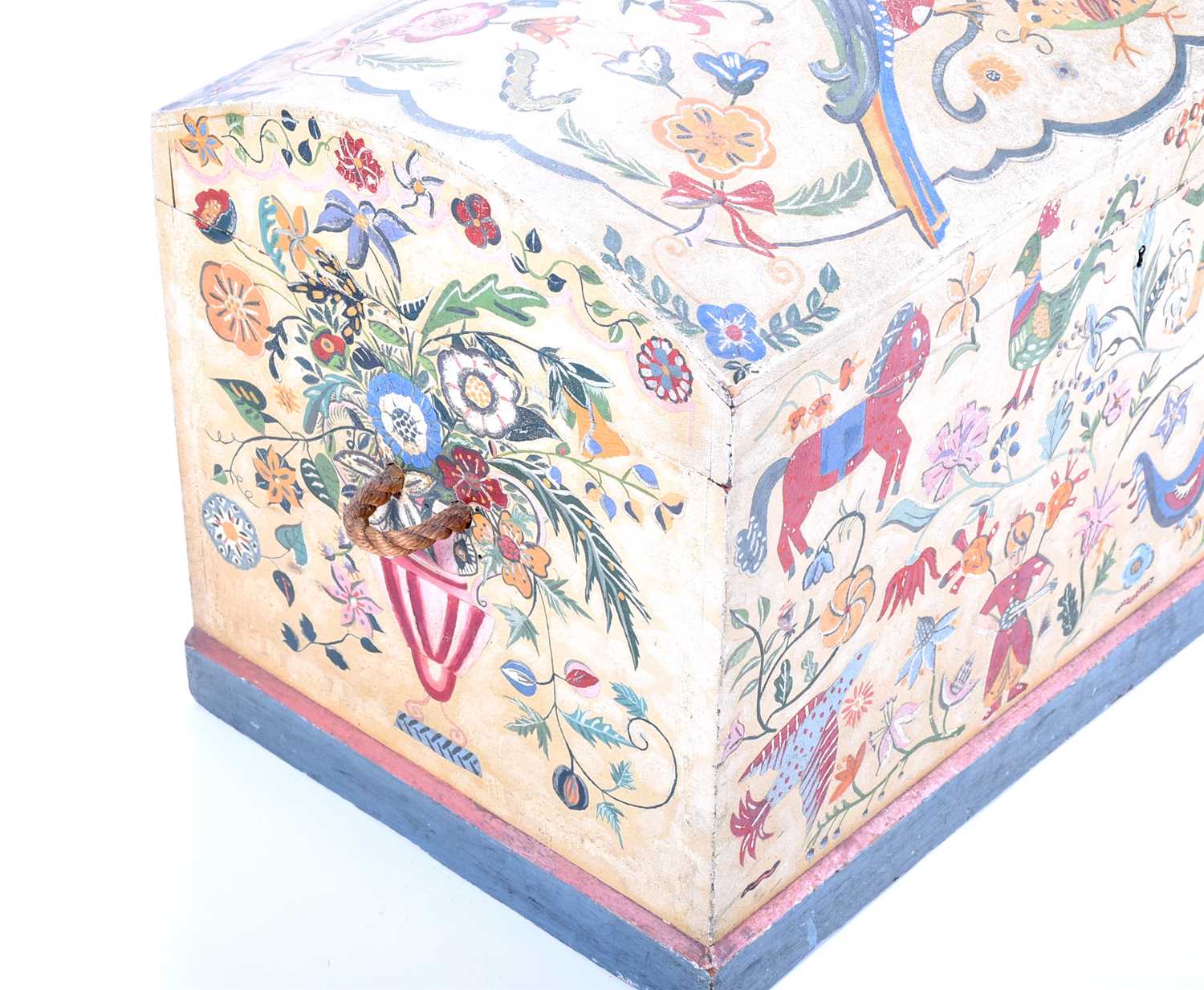 A Victorian hand painted pine toy chest, with domed top, rope carrying handles and painted with - Image 2 of 13