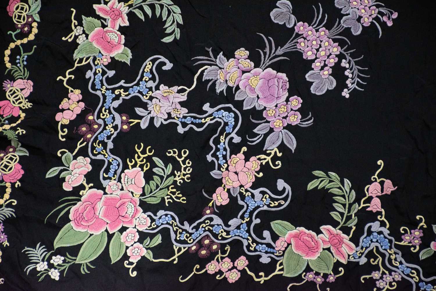 A black silk manton de Manila shawl, embroidered with roses and other floral decoration, with - Image 2 of 3