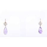 A pair of diamond and amethyst drop earringsthe yellow metal hooks unmarked (test as gold) set