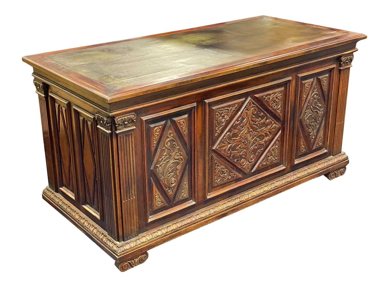 A mahogany pedestal desk, the green leather top over three frieze drawers, and three frieze - Image 6 of 6