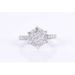 A 14k white gold and diamond cluster ringthe hexagonal-shaped cluster set with small round brilliant