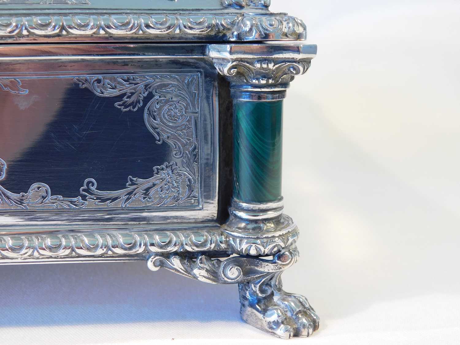 A silver and malachite casket by Romeo Miracoli, Milan, circa 1910/20, the top with inset - Image 9 of 12