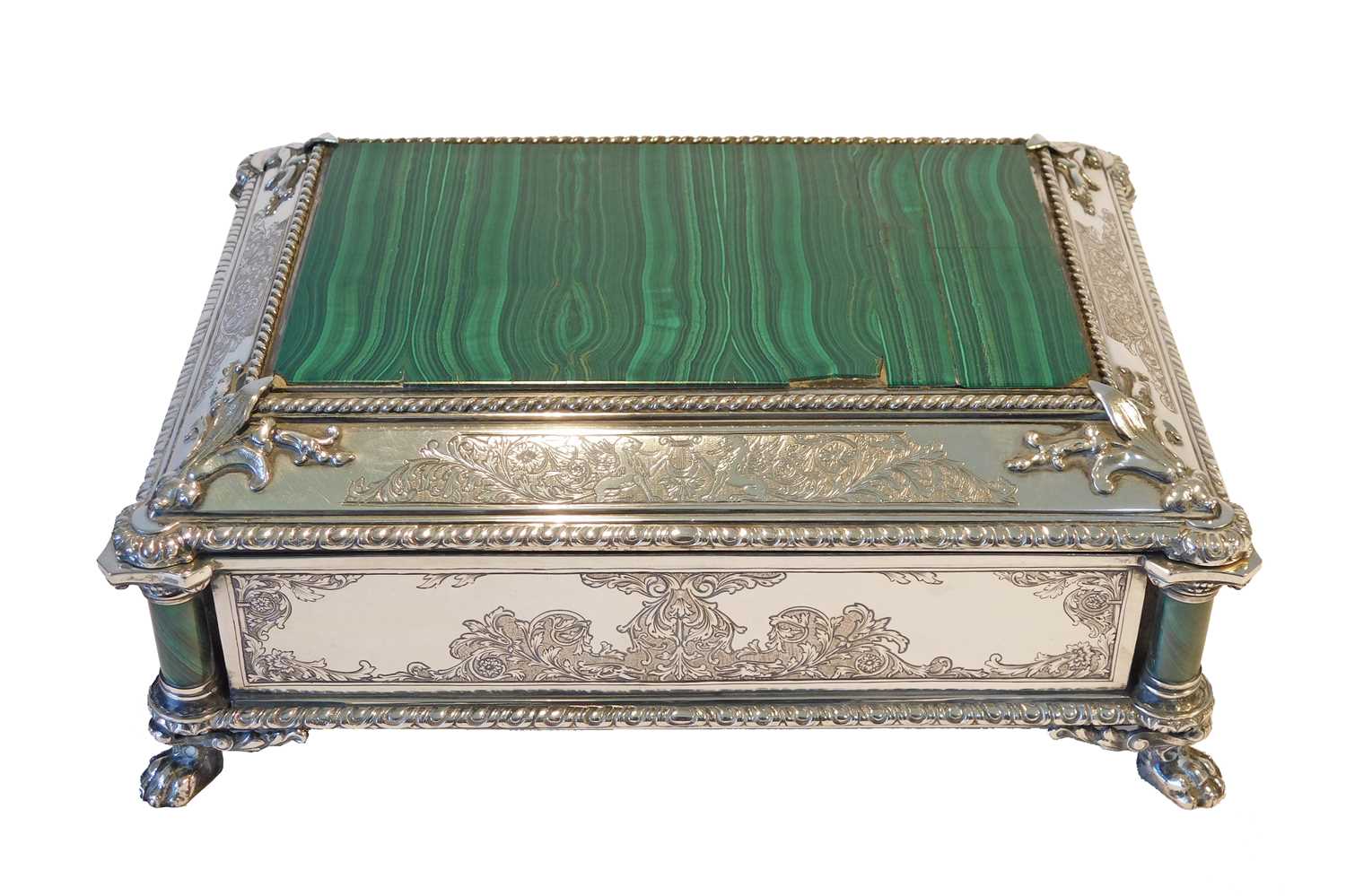 A silver and malachite casket by Romeo Miracoli, Milan, circa 1910/20, the top with inset