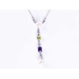 An 18ct white gold, diamond, pearl, amethyst, and peridot necklacein the Suffragette colours, the