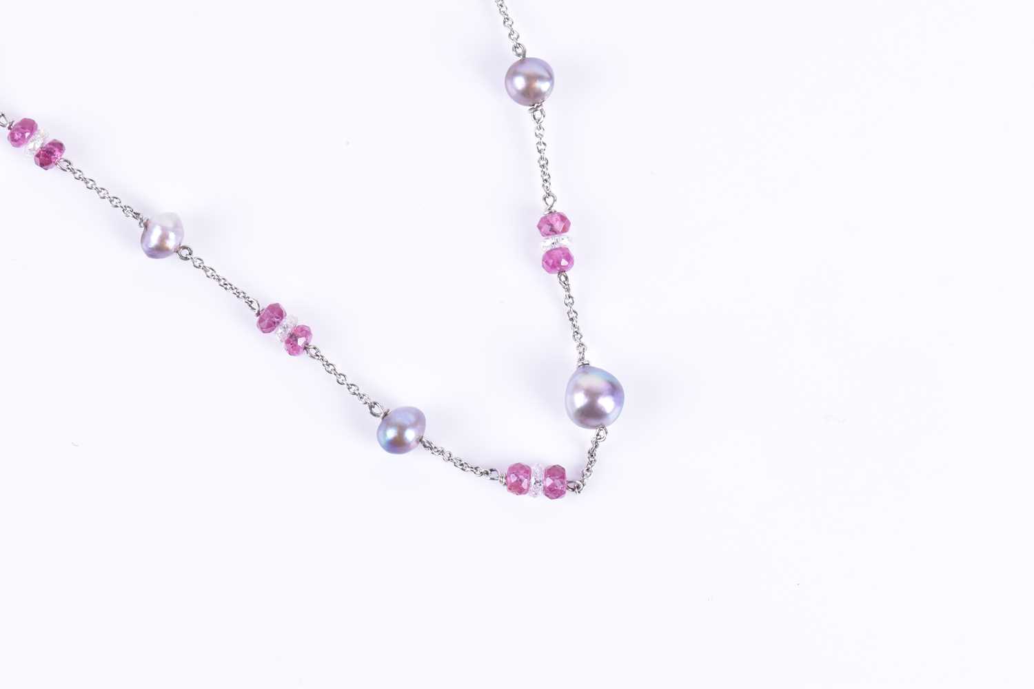 A platinum, diamond, pink tourmaline, and natural saltwater pearl necklace the fine chain - Image 4 of 4