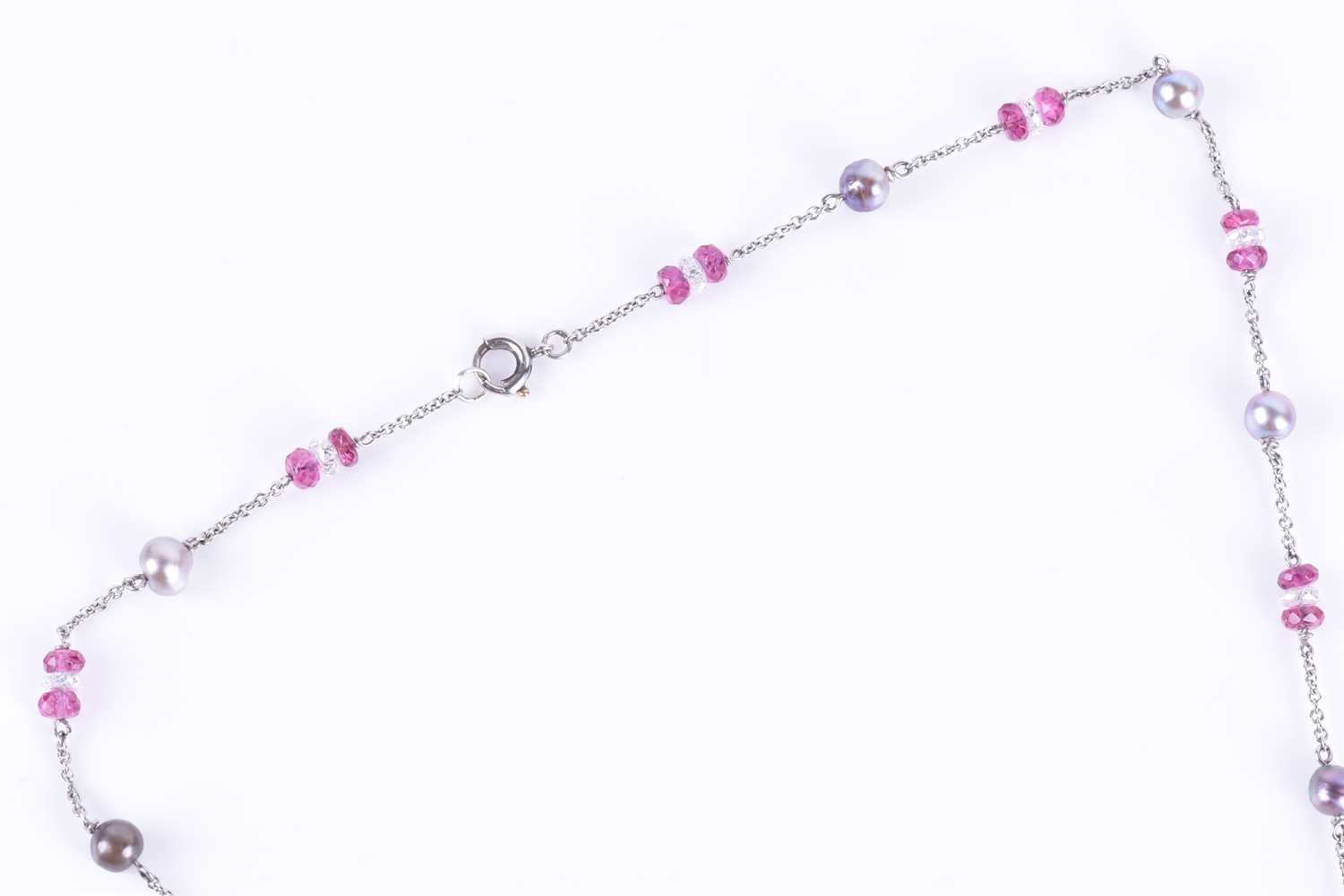 A platinum, diamond, pink tourmaline, and natural saltwater pearl necklace the fine chain - Image 3 of 4