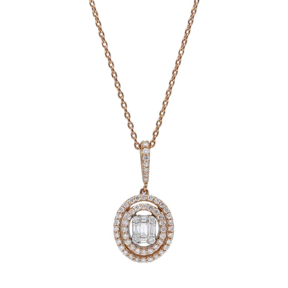 385Frost of London. An 18ct rose gold and diamond double halo pendant necklace, set with baguette