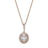 385Frost of London. An 18ct rose gold and diamond double halo pendant necklace, set with baguette