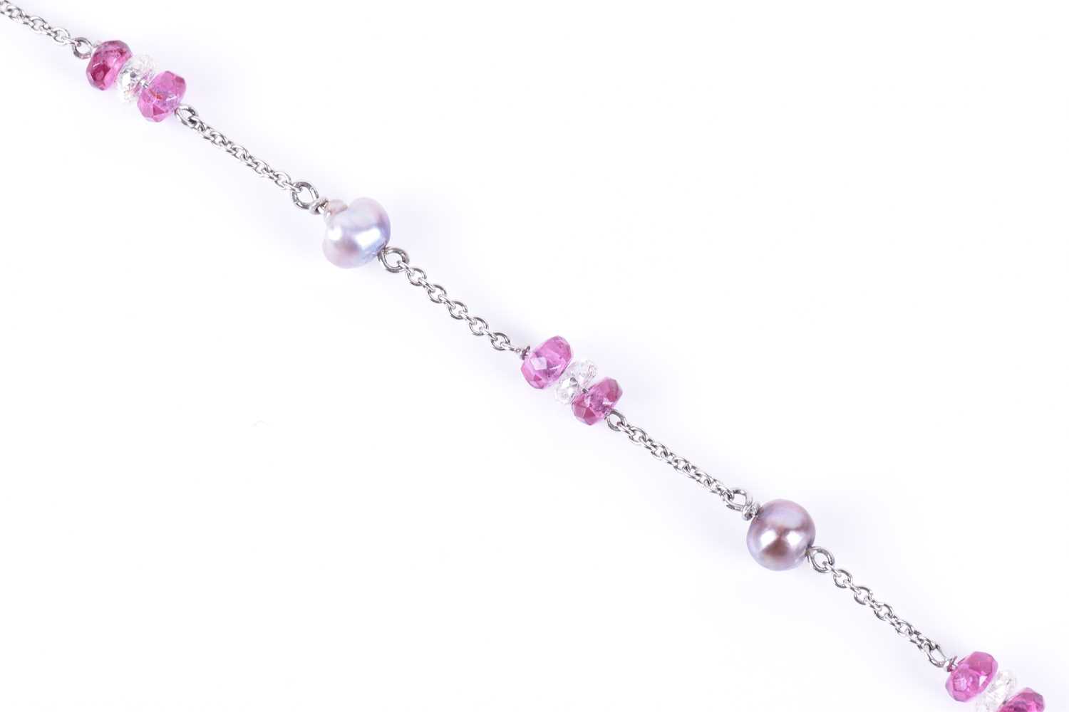 A platinum, diamond, pink tourmaline, and natural saltwater pearl necklace the fine chain - Image 2 of 4