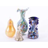 A Murano glass millefiore jug, vase and bell, 20th century, together with a Heron glass lustrous