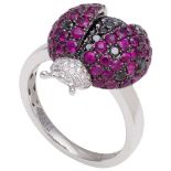 Pippo Perez. An 18ct White Gold and Ruby Ladybird Ring set with 0.56 carats of Black Diamonds & 1.62