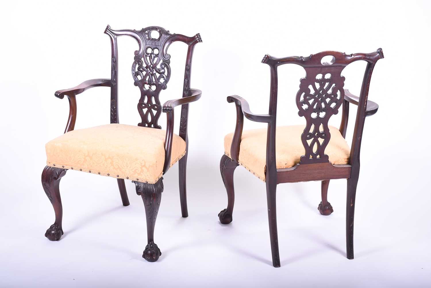 A pair of Georgian style mahogany elbow chairs, with carved and pierced back splats, yellow fabric - Image 6 of 6