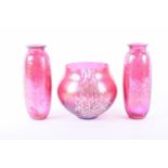 A pair of Royal Brierley 'Studio' cranberry glass vases and bowl, all with lustrous decoration,