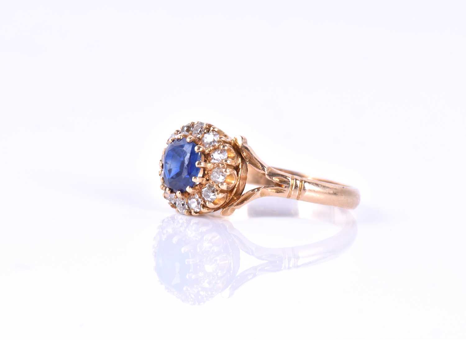A yellow metal, diamond and sapphire cluster ringset with a mixed round-cut sapphire, measuring - Image 3 of 3