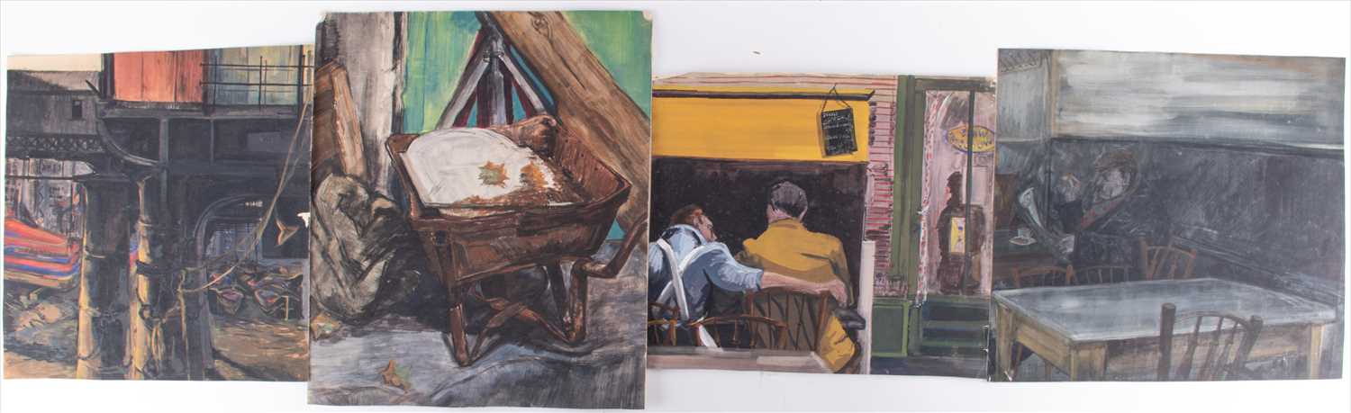 English School, 20th centurycollection of eight mixed media on paper depicting scenes in markets and - Image 3 of 10