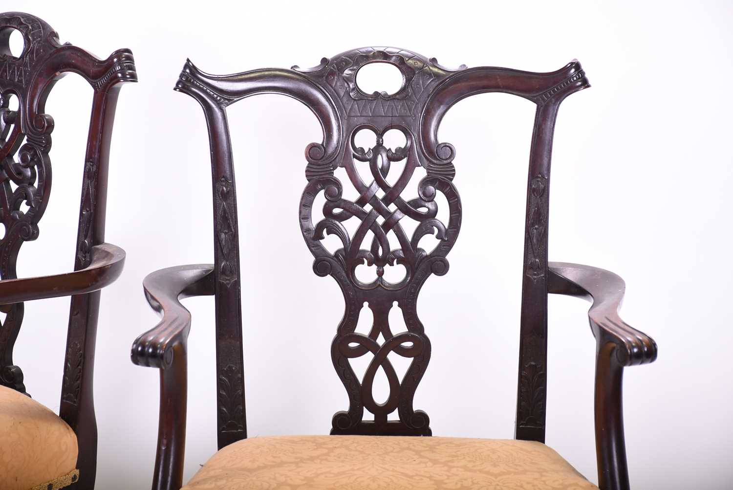 A pair of Georgian style mahogany elbow chairs, with carved and pierced back splats, yellow fabric - Image 3 of 6