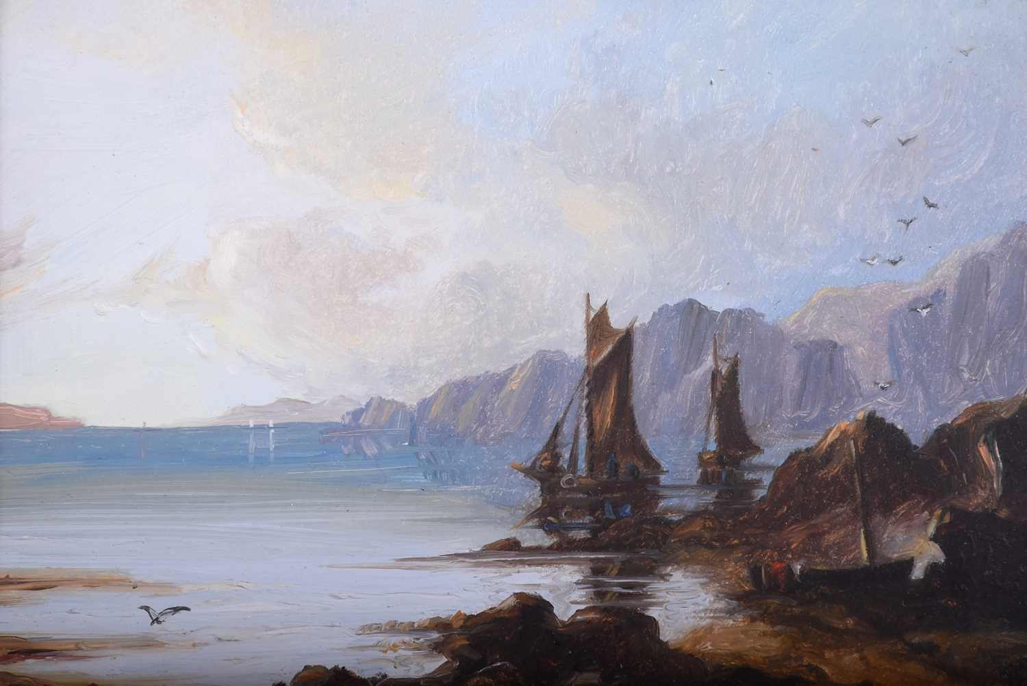 19th century Continental School, Fishing boats heading out, before a mountainous background, - Image 2 of 3