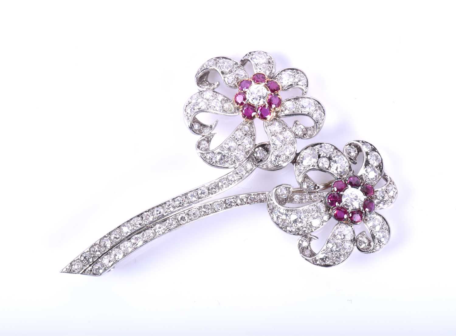 An impressive diamond and ruby floral broochcirca early to mid 20th century, each flower centred - Image 2 of 5