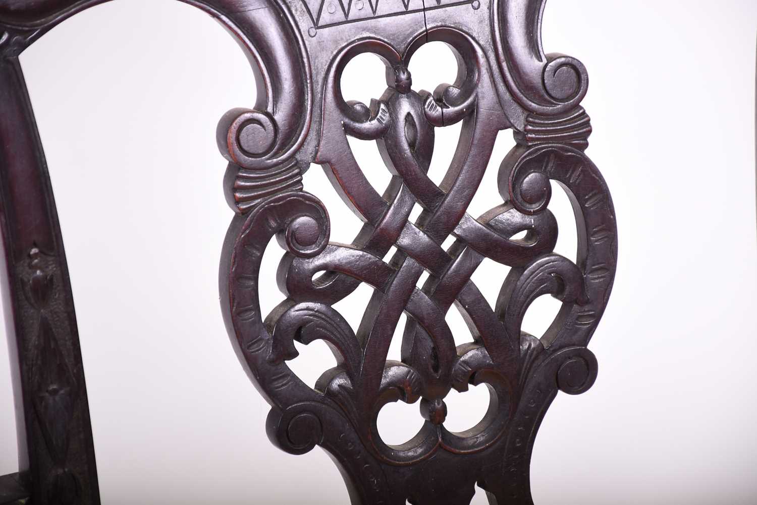 A pair of Georgian style mahogany elbow chairs, with carved and pierced back splats, yellow fabric - Image 2 of 6