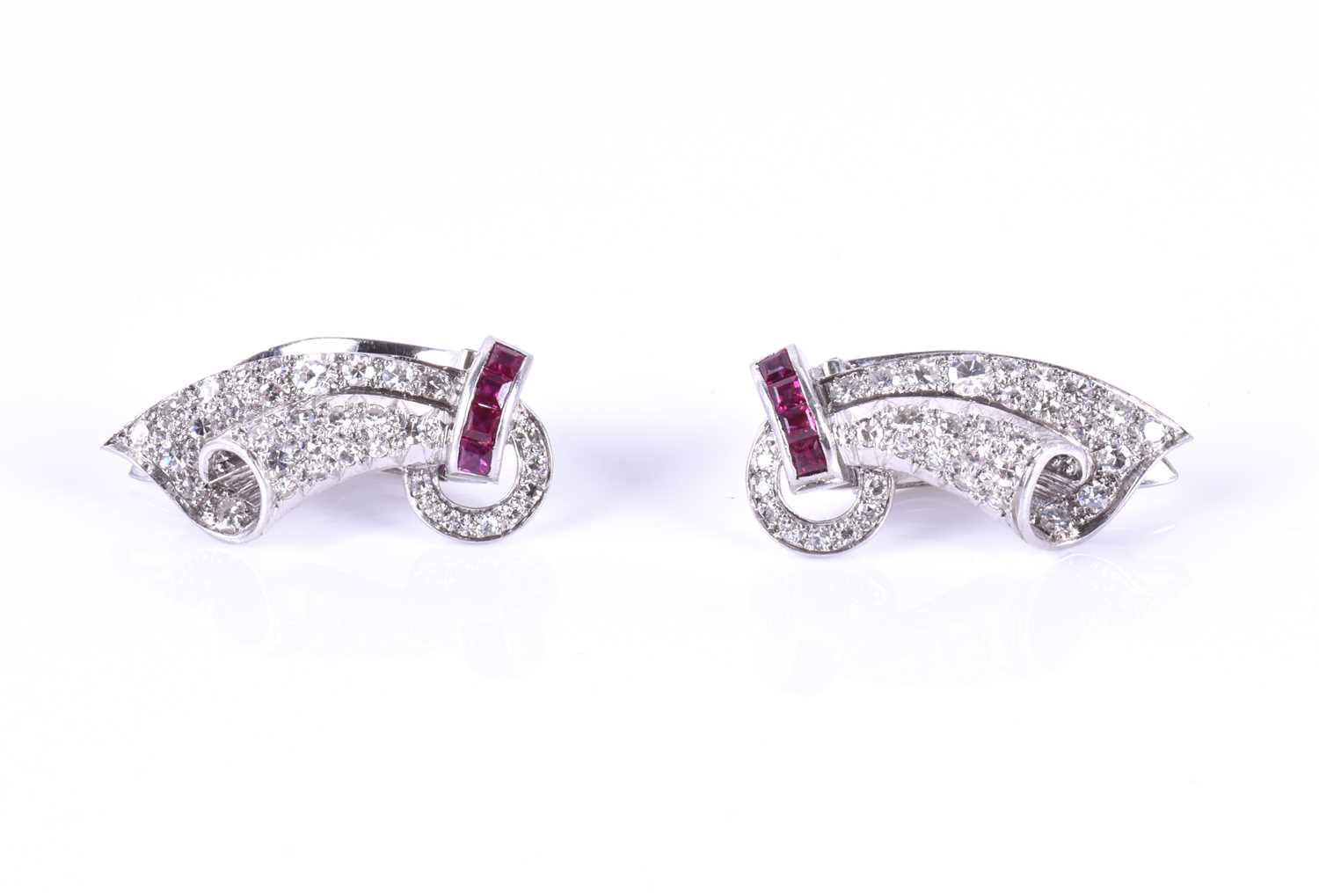 A pair of white gold, diamond, and ruby earringscirca 1950s, the swept mounts each with a row of - Image 4 of 4