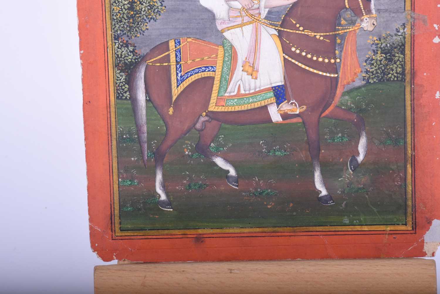 Indian school, 19th century, Royal Prince on horse, before a river and landscape, within yellow - Image 4 of 4