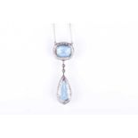 An 18ct white gold, diamond, and blue topaz drop pendant necklaceset with a cushion-cut and a pear-