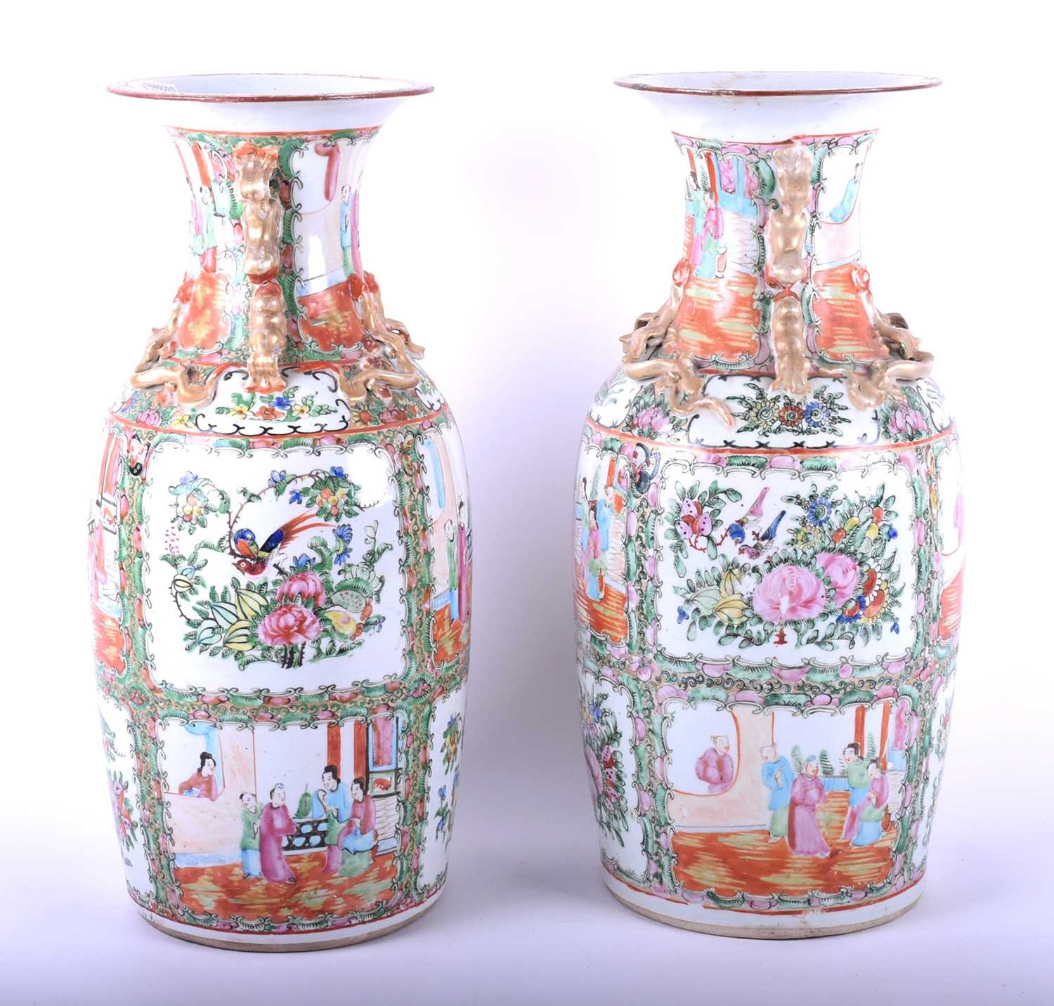 A pair of Chinese Canton enamel vases, late 19th century, the neck and shoulder with applied shi - - Image 9 of 11