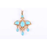 An Art Nouveau yellow gold and turquoise pendantthe stylised mount set with oval cabochon turquoise,