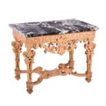 A Louis XIV giltwood and gesso side table the rectangular portor marble top above a strapwork frieze
