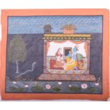 19th century Indian School, Krishna and Radha within an interior, a snake and river of lotus flowers
