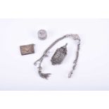 A small group of white metal and silver items to include a pair of white metal and marcasite