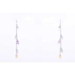 A pair of multi-coloured sapphire drop earringssuspended with briolette-cut purple, pink, clear,