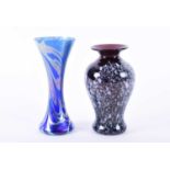 Two Okra glass vases, 20th century, one with a blue ground and lustrous swirl decoration, the