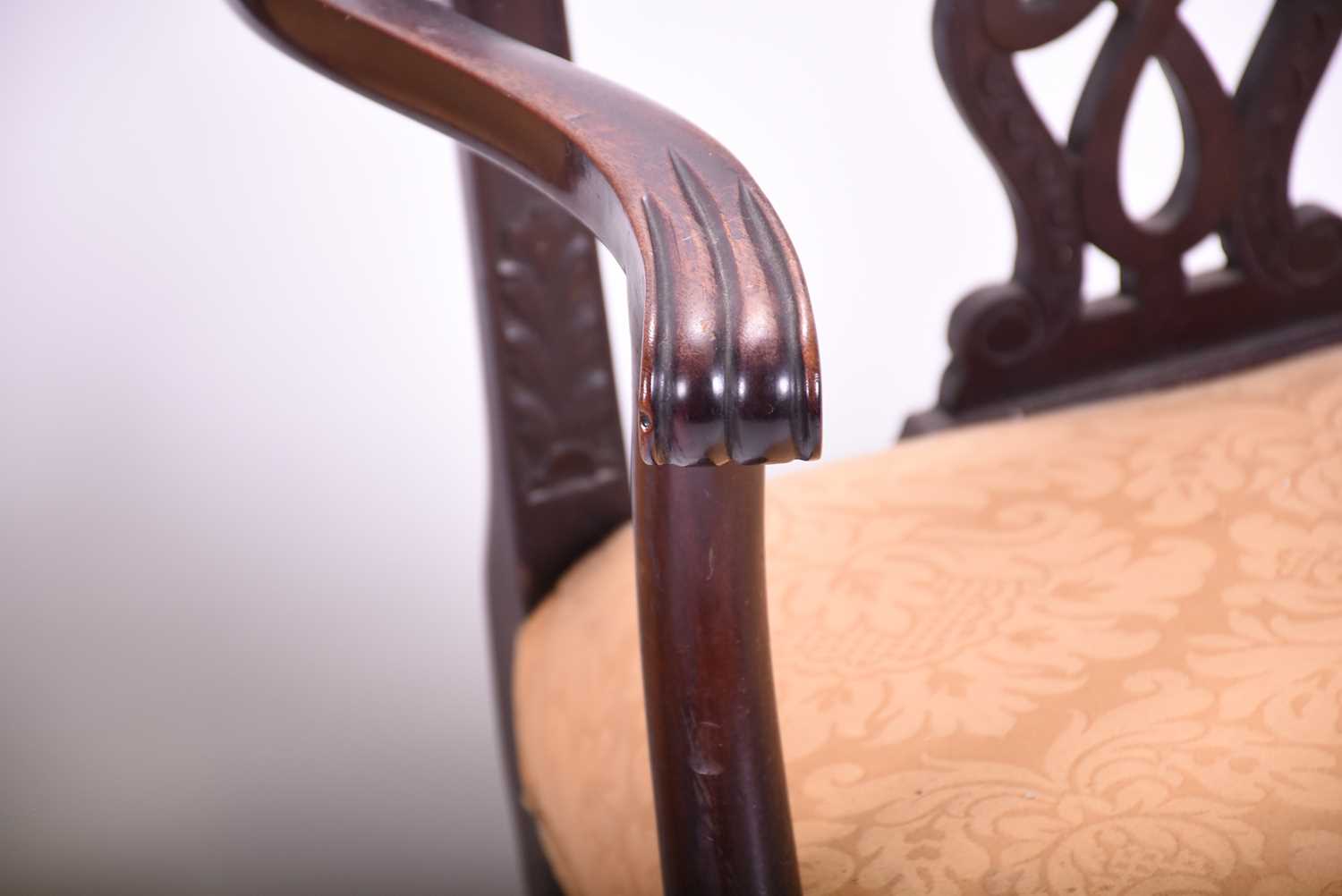 A pair of Georgian style mahogany elbow chairs, with carved and pierced back splats, yellow fabric - Image 4 of 6