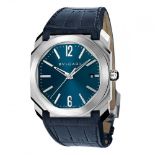 A Bvlgari Octo Solotempo stainless steel wristwatch the blue dial with baton indices and date